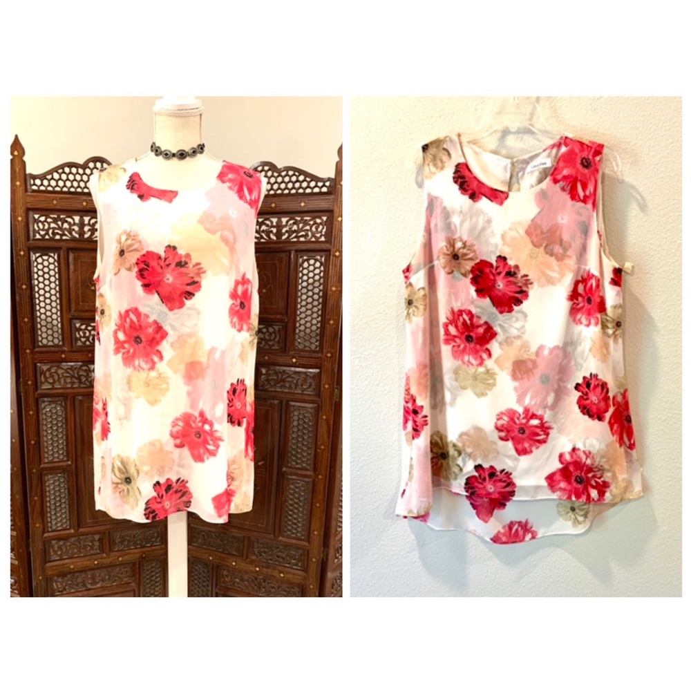 CALVIN KLEIN LARGE SLEEVELESS FLORAL SHEATH CHIFFON LINED STRETCH CAREER DRESS